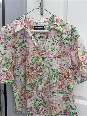 Karl Lagerfeld White Button-Down Shirt with Pink, Green & Gold Print